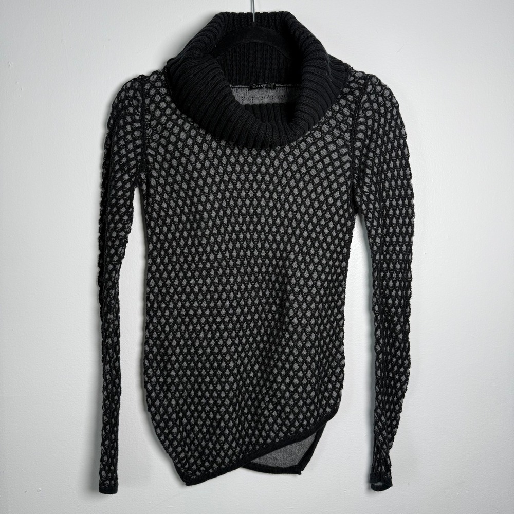 Express Cowl Neck Knit Sweater Geometric Pattern Black Gray Long‎ Sleeve Women